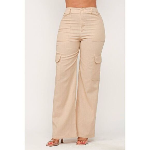 Tan Linen Cargo Pants - Picture 1 of 8